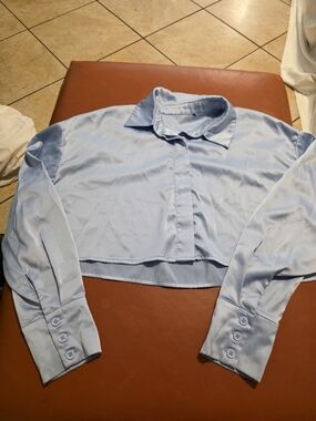Light Blue Cropped Button-Up Blouse